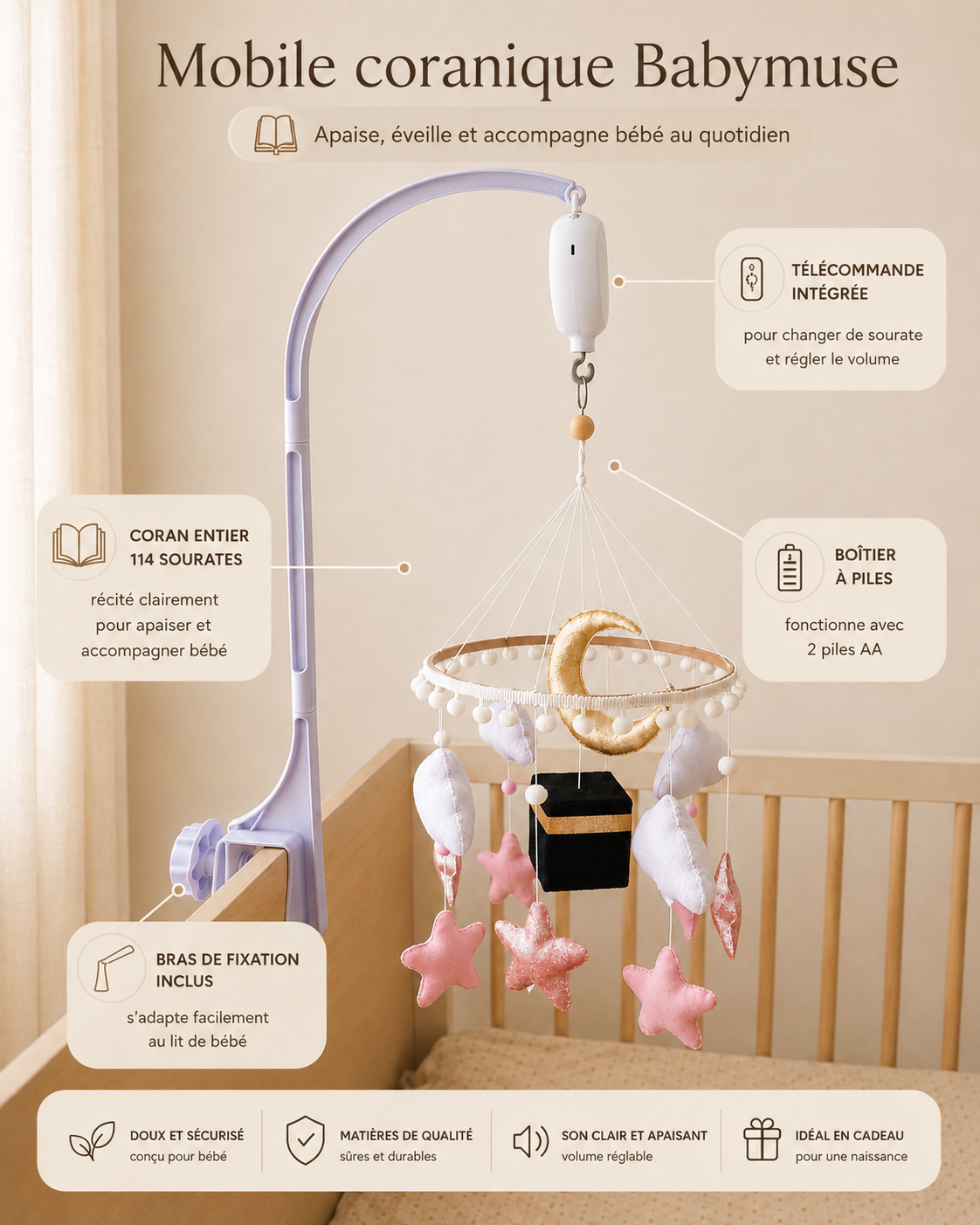 Mobile Coranique Rose