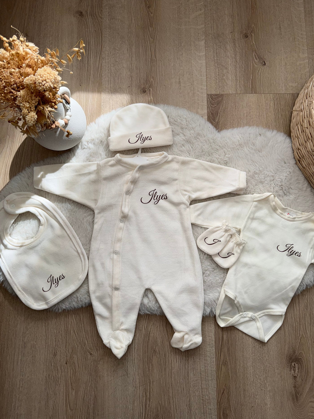 Ensemble naissance personnalisé en velours 5 pièces